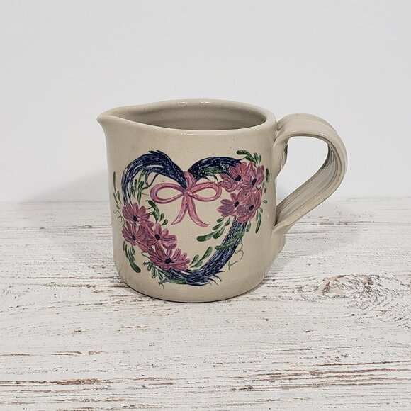 Casey Pottery  Marshall TX Stoneware Creamer  Handpainted Floral Heart Wreath - Picture 1 of 5